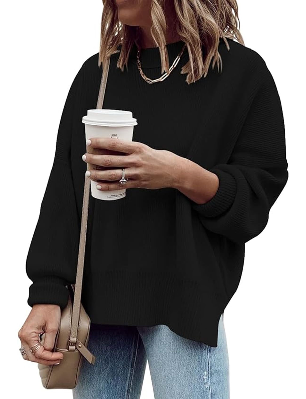 Women's Oversized Pullover Sweater - Batwing Sleeve, Crew Neck, Side Slit, Ribbed Knit Fall Top for Casual Wear & Cozy Outfits