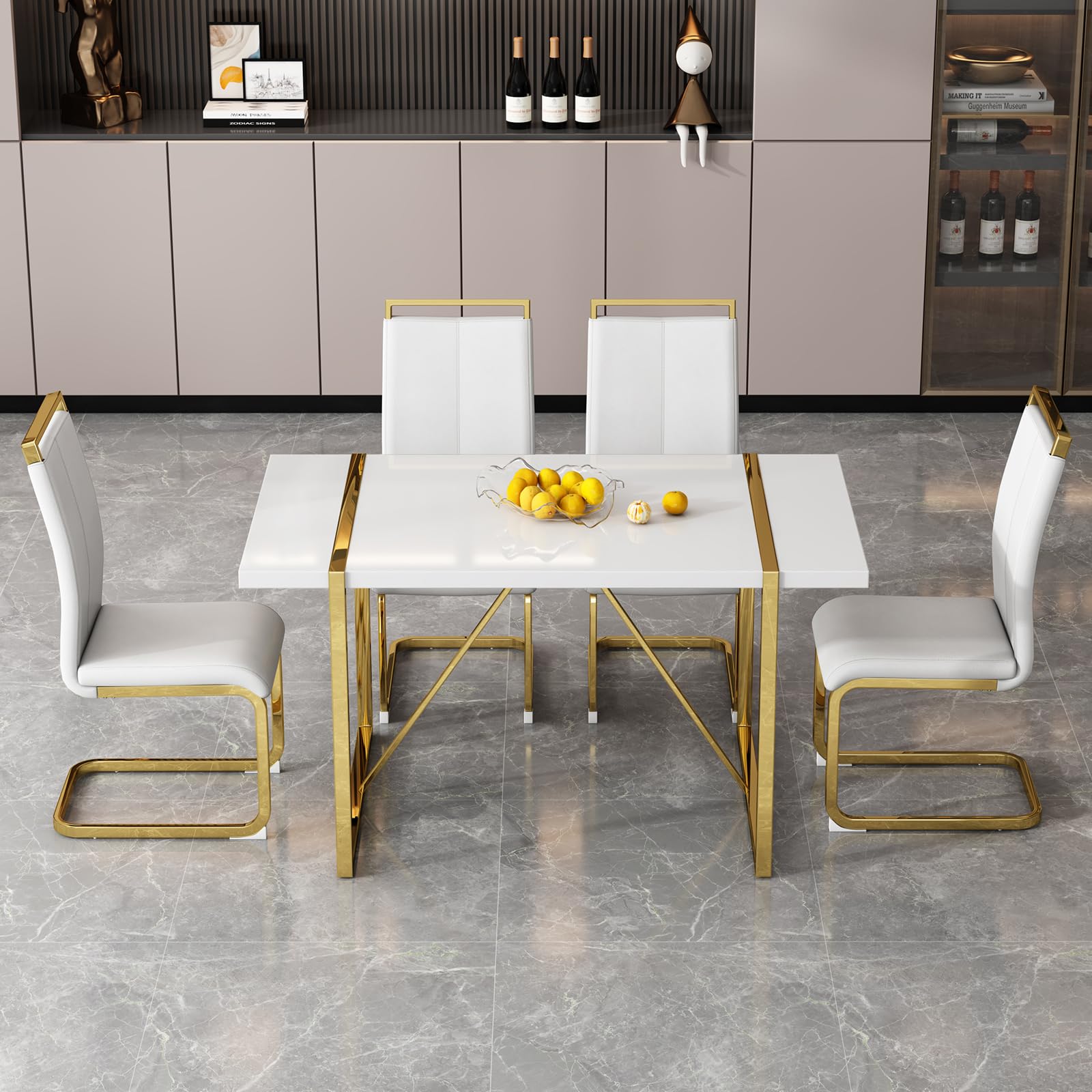 Modern 5-Piece White Dining Table Set for 4 - Rectangular MDF Table & Faux Leather Chairs with Metal Frame | Perfect for Small Spaces, Apartments, and Contemporary Dining Rooms