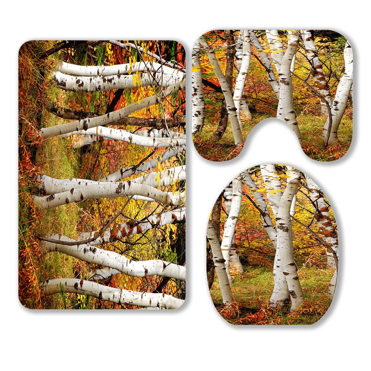 ABPHQTO White Fall Birch Trees with Autumn Leaves 3-Piece Bathroom Rug Set - Non-Slip Bath Mat, Contour Mat & Toilet Lid Cover - Cozy Autumn Decor for Bathroom, Guest Bath & Powder Room