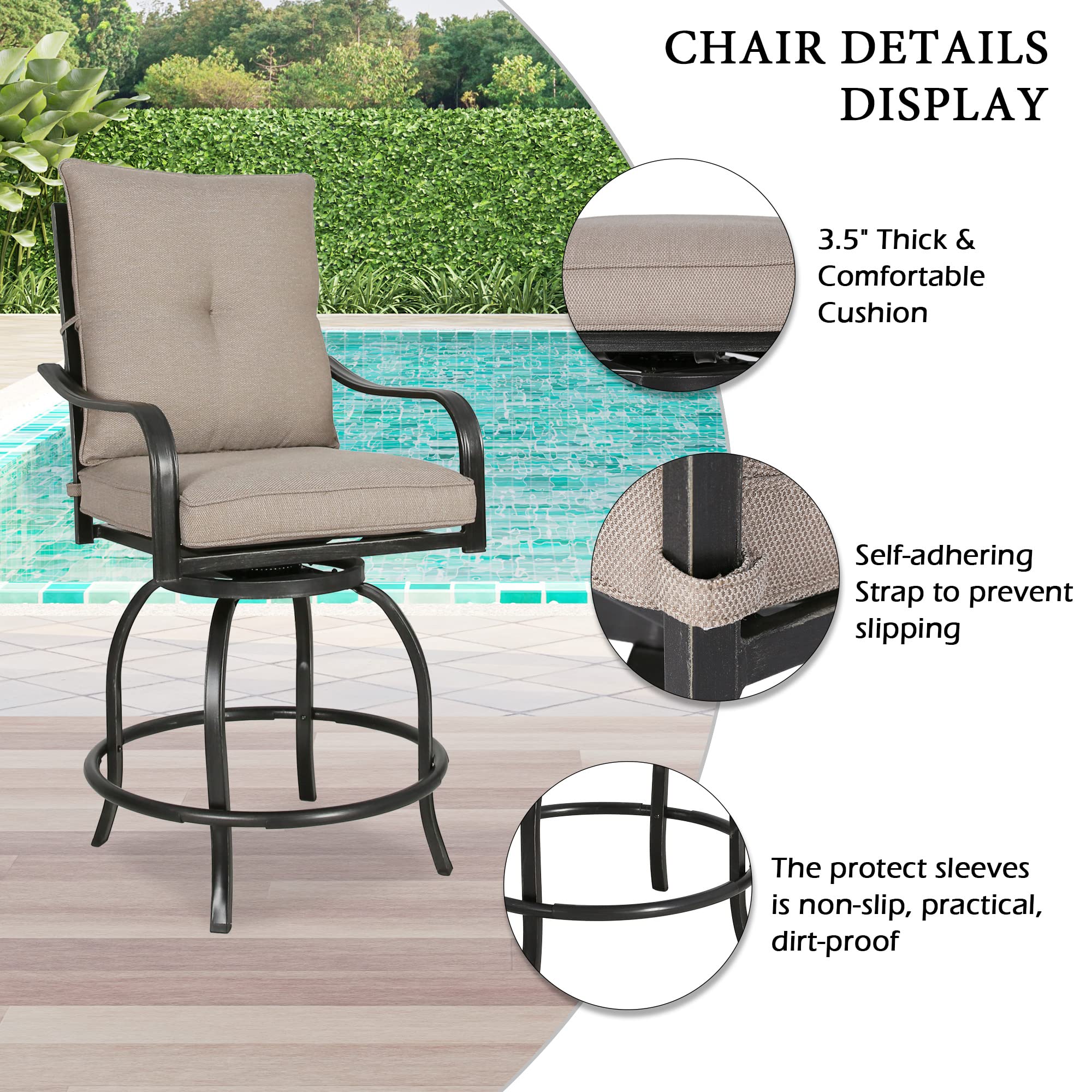 2 Pack Outdoor Swivel Bar Stools - Patio Counter Height Bistro Chairs with 100% Polyester Cushions, Beige - Perfect for Backyard, Deck, Garden & Poolside Relaxation