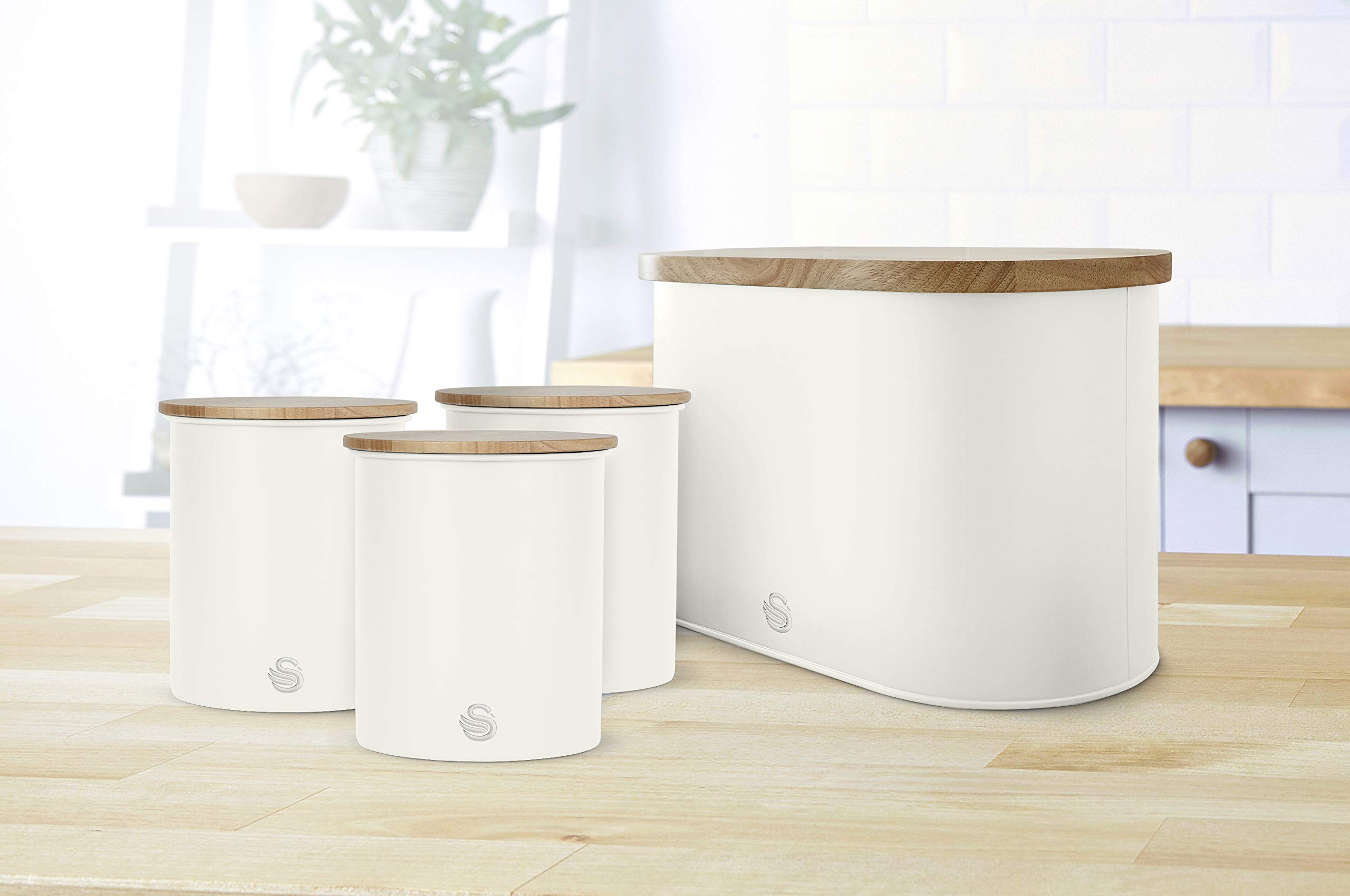 Nordic Scandi Bread Bin with Bamboo Cutting Board Lid - Swan SWKA17512WHTN | White Cotton & Steel Bread Storage Box | Perfect for Kitchen Countertop Organization & Fresh Bread Keeping