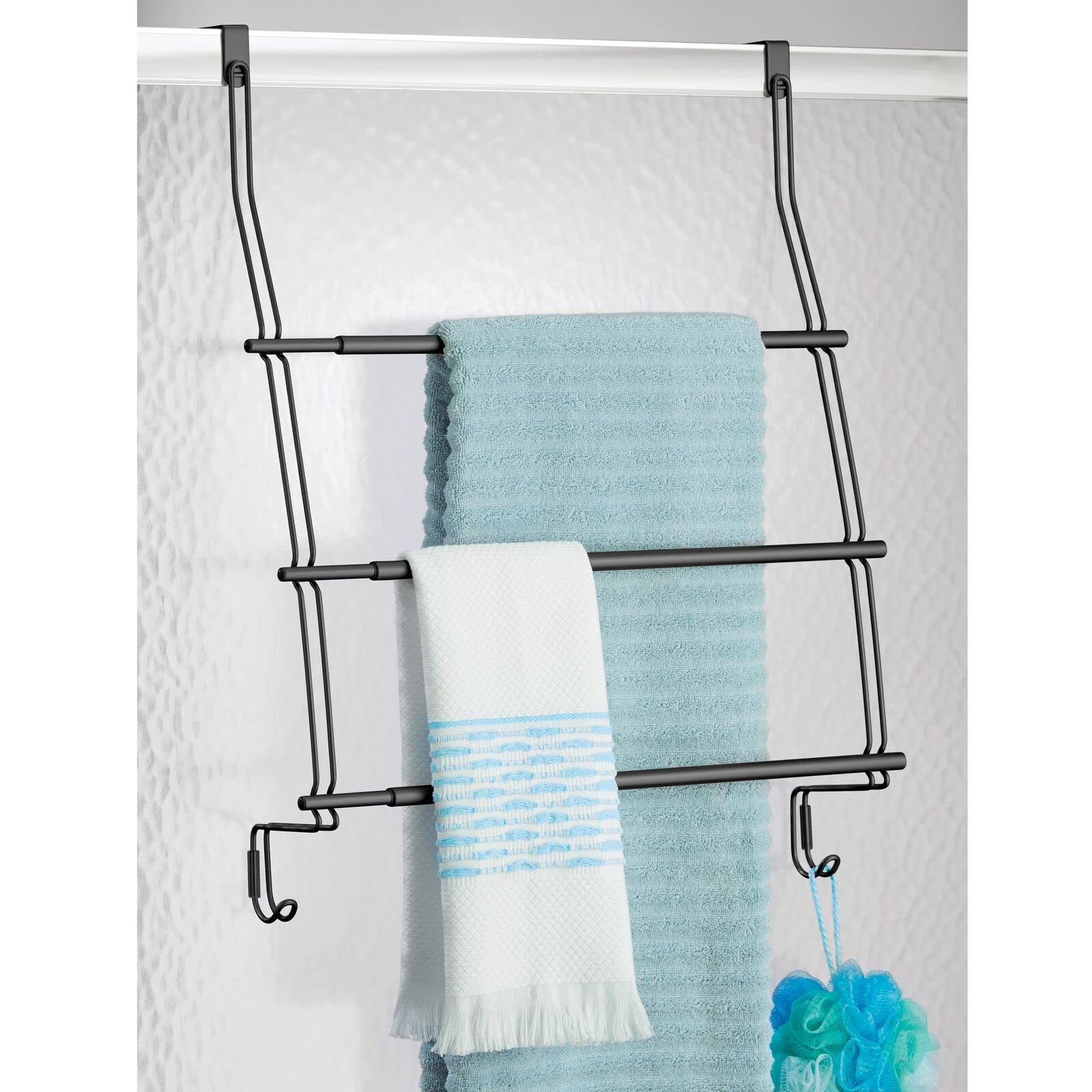 mDesign Expandable 3-Tier Metal Shower Door Towel Rack with 2 Large Hooks - Bathroom Organizer for Hand Towels, Bath Towels, Washcloths, Loofahs & Sponges - Trinity Collection in Matte Black - Perfect for Small Bathrooms, Showers & Space-Saving Storage