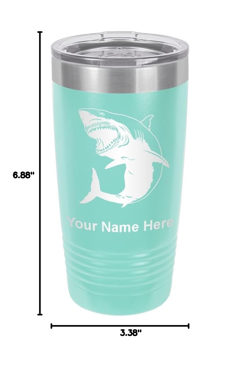 LaserGram 20oz Vacuum Insulated Stainless Steel Tumbler Mug with Leak-Proof Lid - Great White Shark Design, Personalized Engraving Included (Teal) - Perfect for Coffee, Tea, Cold Drinks at Home, Office, Gym or Outdoor Adventures