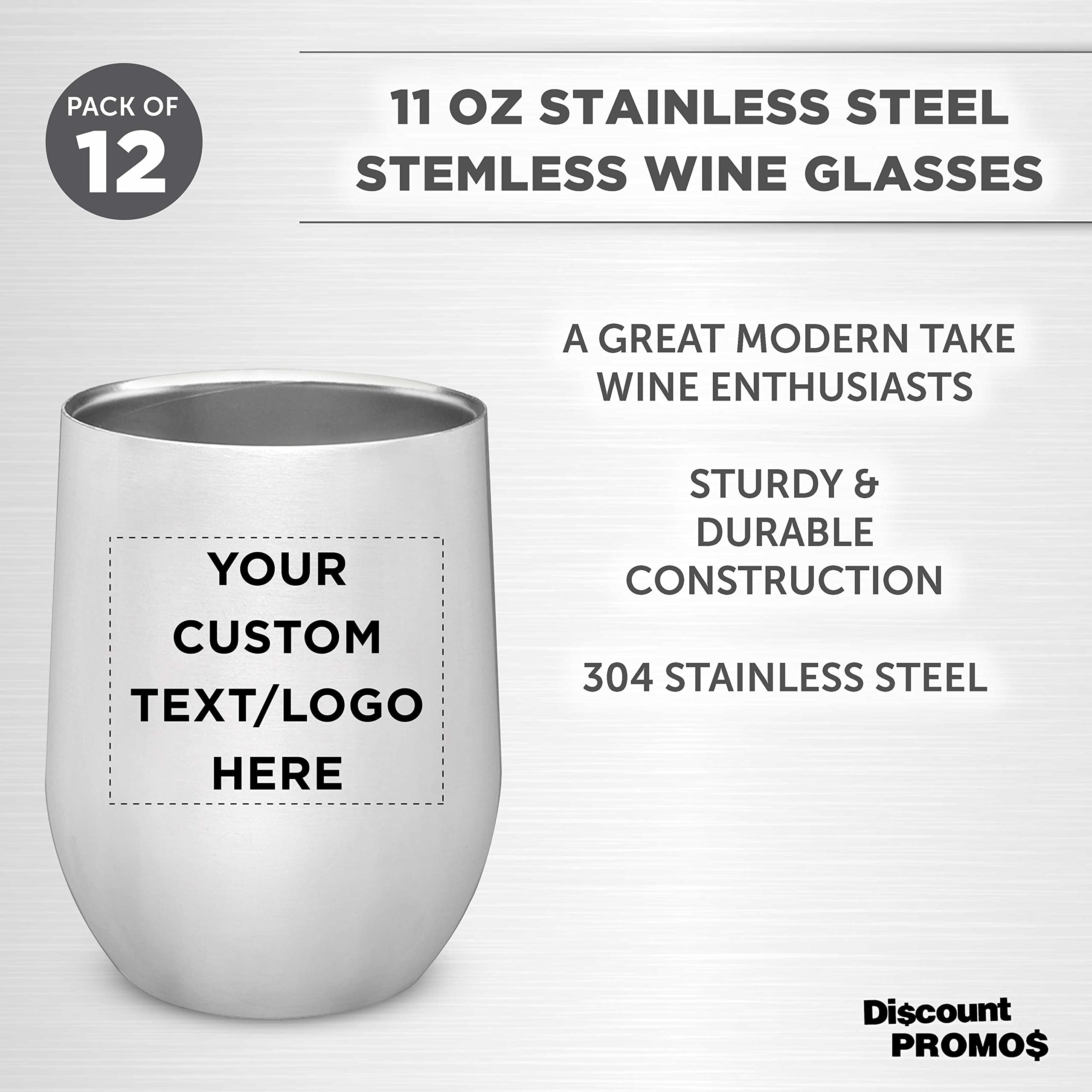 Personalized Stainless Steel Stemless Wine Glasses Set of 12 (11 oz) - Custom Engraved Bulk Pack for Wine, Cocktails, Beer & Beverages - Dishwasher Safe Silver Cups - Perfect for Parties, Weddings, Gifts & Home Bar Use