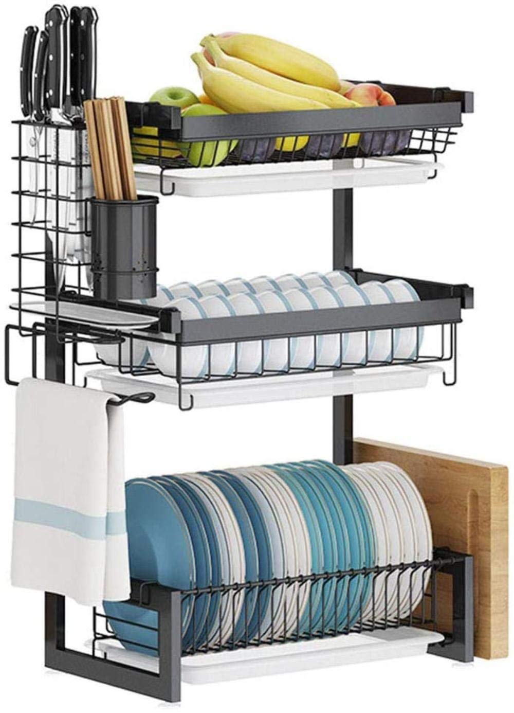 3-Tier Stainless Steel Dish Drying Rack with Removable Cutlery Holder & Drainboard - Space Saving Kitchen Organizer for Plates, Bowls, Pots - Perfect for Small Kitchens, Apartments & RVs