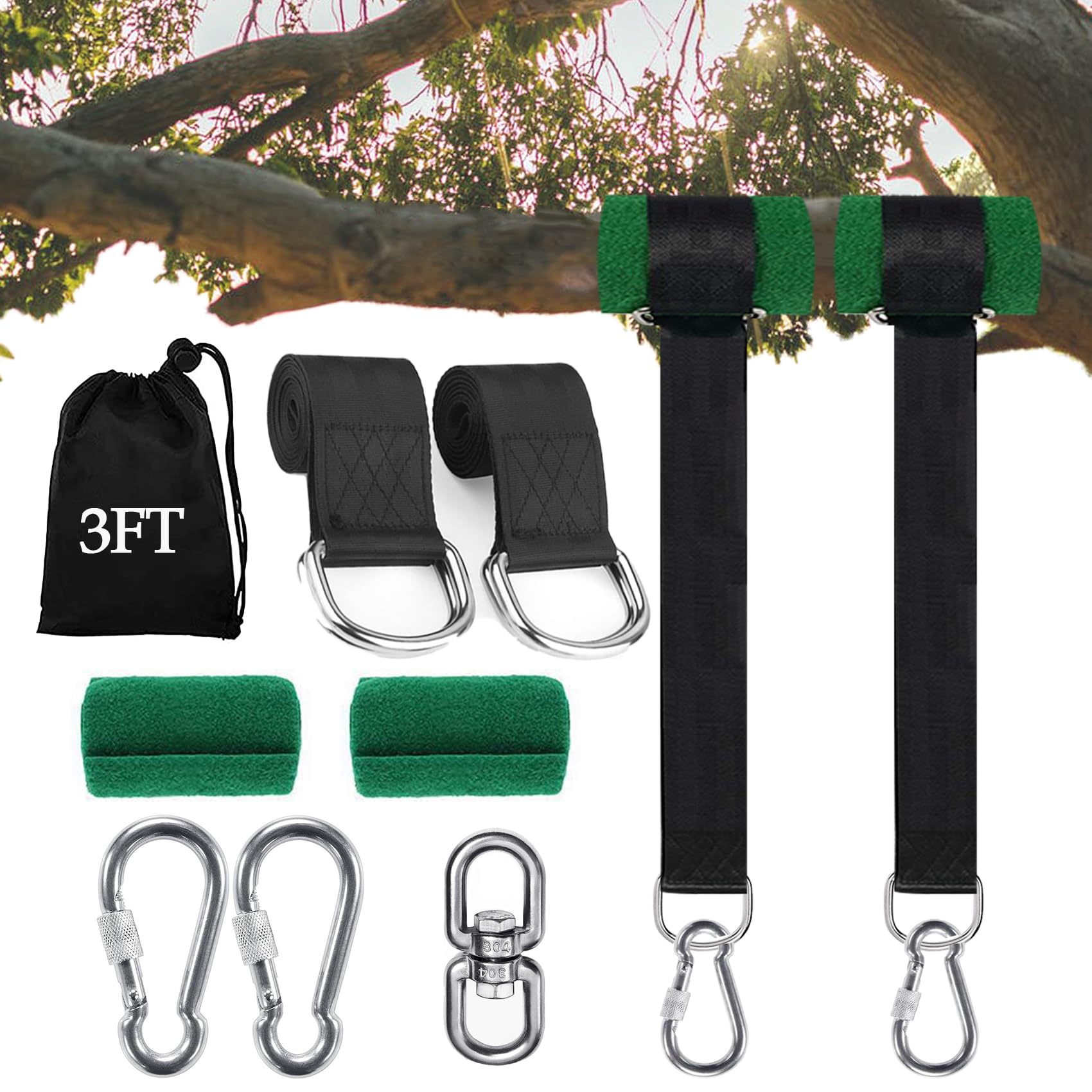30FT Extra Long Heavy Duty Tree Swing Straps (Set of 2) - 5000 lb Capacity - Includes Tree Protector, Carabiner & Swivel - Easy Installation for Backyard Swings, Hammocks & Outdoor Play Equipment - Perfect for Family Fun, Parks & Garden Relaxation