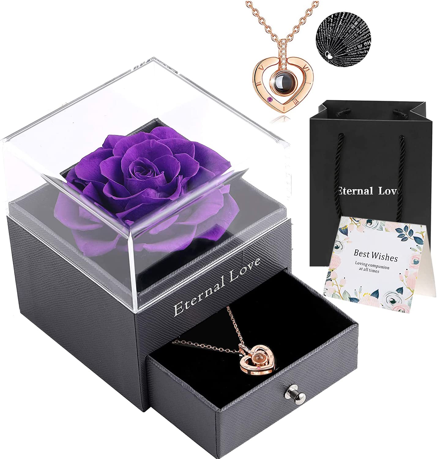 Eternal Preserved Real Rose Gift Set with 'I Love You' Necklace in 100 Languages - Romantic Valentine's Day, Mother's Day & Christmas Present for Her, Girlfriend, Wife or Mom - Perfect for Anniversaries, Proposals & Special Occasions