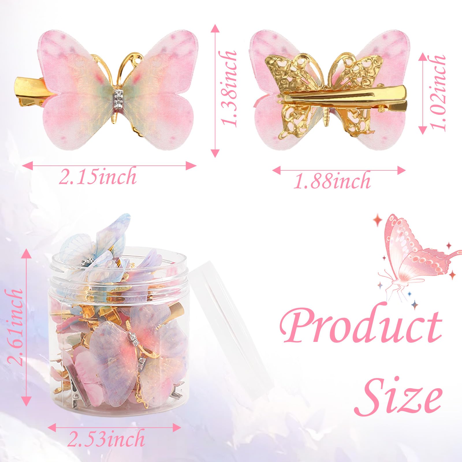 24Pcs Glitter Butterfly & Flower Hair Clips for Girls - Realistic Handmade 90s Hair Accessories (Pink) | Perfect for School, Parties, and Everyday Styling