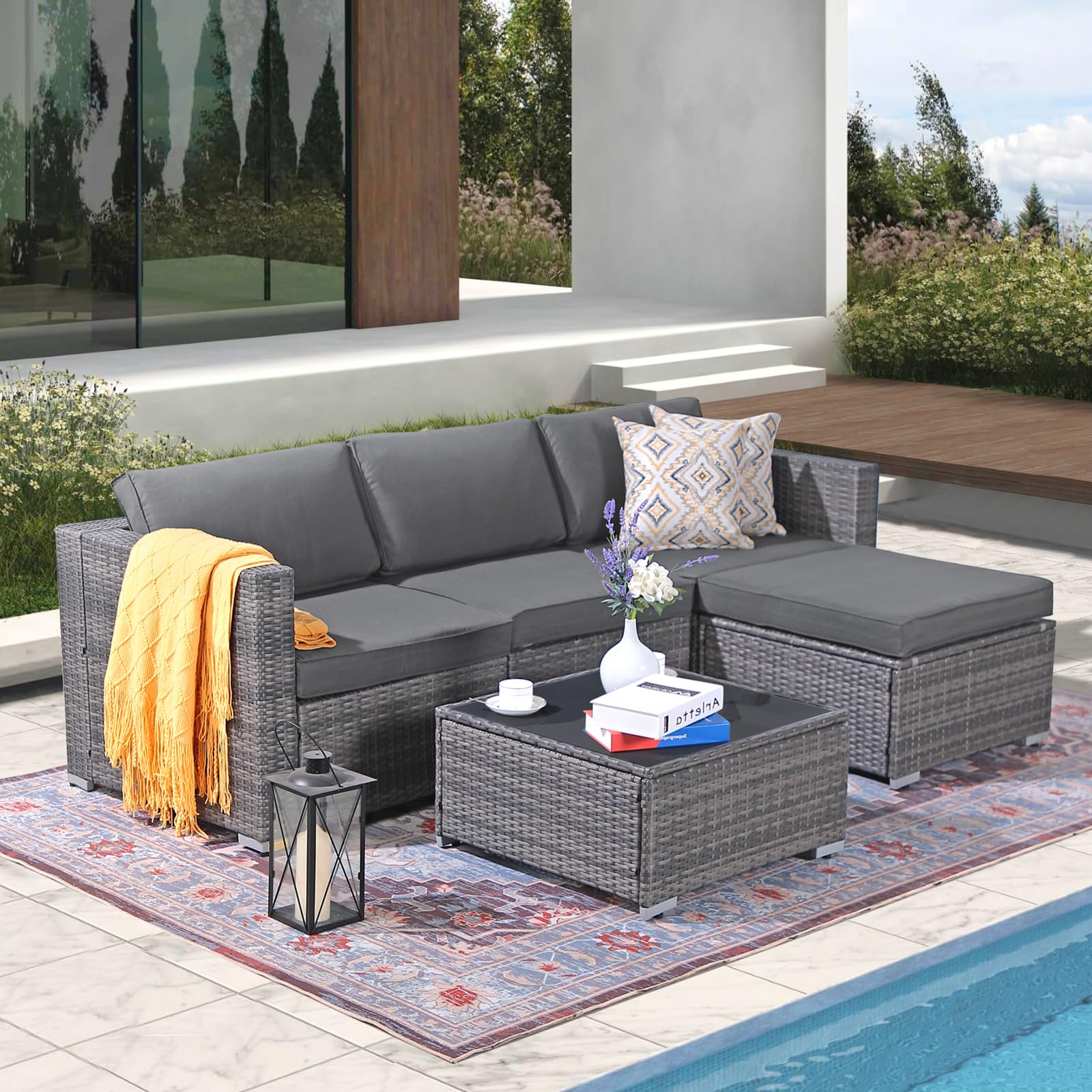 Patiorama 5-Piece Outdoor Patio Furniture Set - All-Weather Grey PE Wicker Sectional with Dark Grey Cushions - Perfect for Backyard, Porch, Garden, Poolside & Balcony - Durable Outdoor Conversation Set for Relaxing & Entertaining