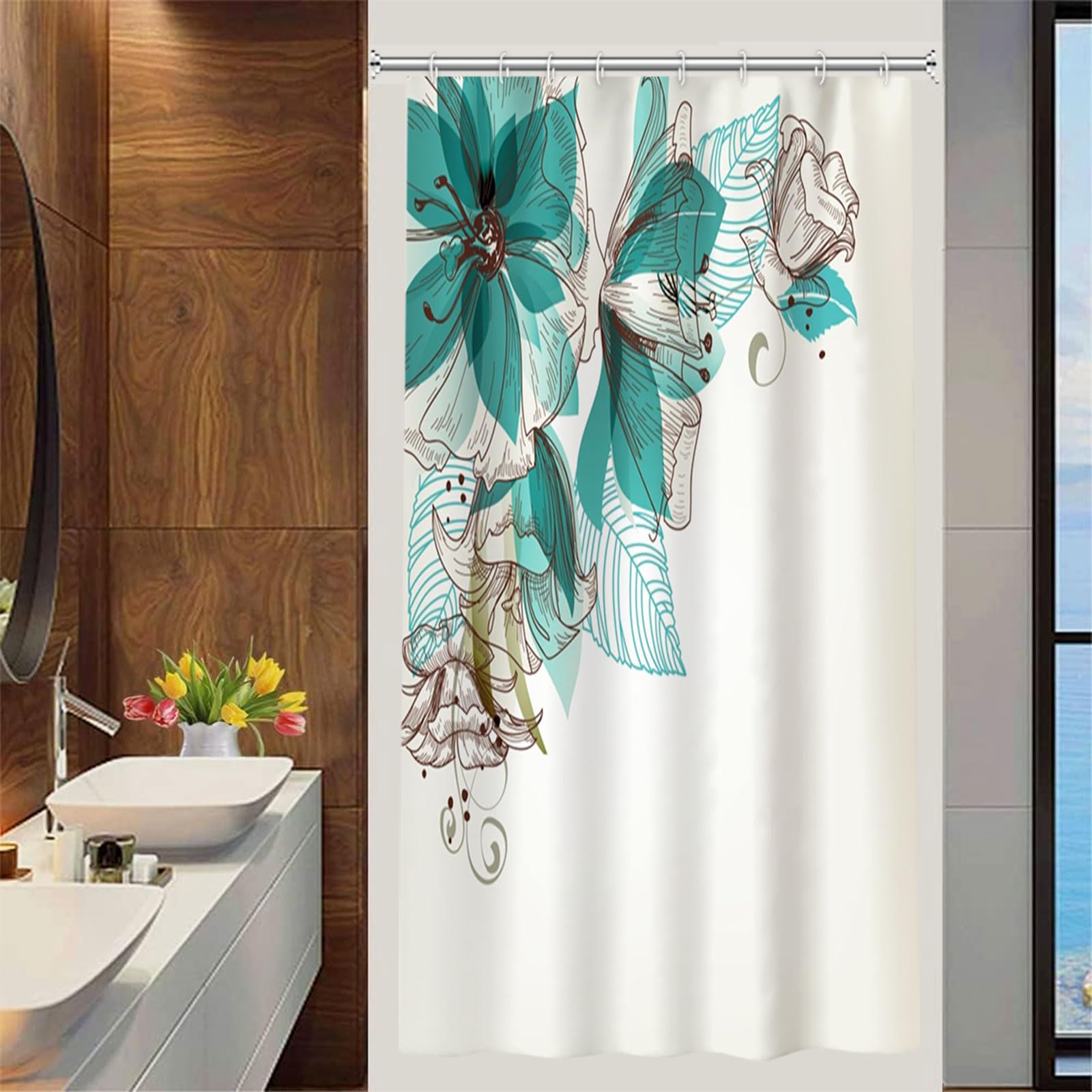 Boho Shower Curtain Dark Blue Floral with Green Leaves - Nature Inspired Plant Sage Green Bathroom Decor - 48x72 Inch Waterproof Fabric with Hooks - Perfect for Modern, Farmhouse or Bohemian Style Bathrooms