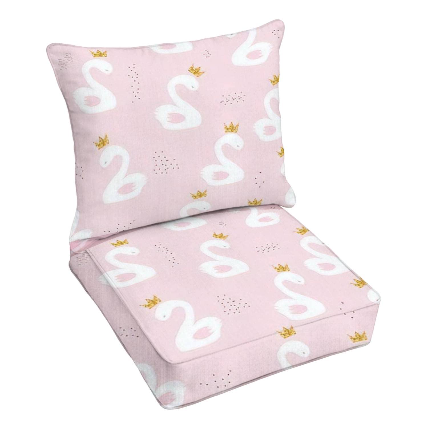 Outdoor Deep Seating Cushion Set - Swan Princess with Golden Glitter Crown, Seamless Cute Print, Premium Patio Furniture Replacement Cushions for Lounge Chairs | Perfect for Backyard, Poolside, and Garden Conversation Areas