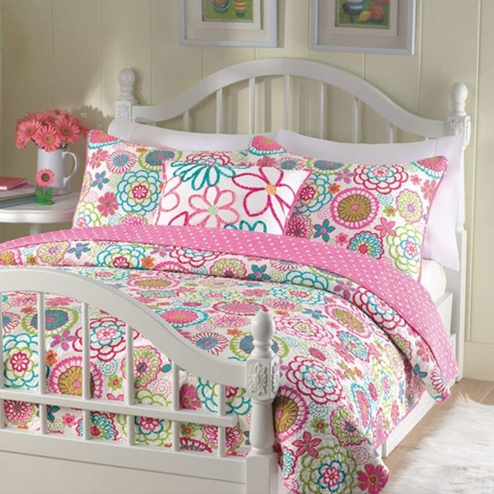 3 Piece Twin Girls Floral Comforter Set - Pink White Green Flowers Bedding, Soft Microfiber, Bright Blossom Theme Pattern | Perfect for Kids' Room, Bedroom Decor & Gift Ideas