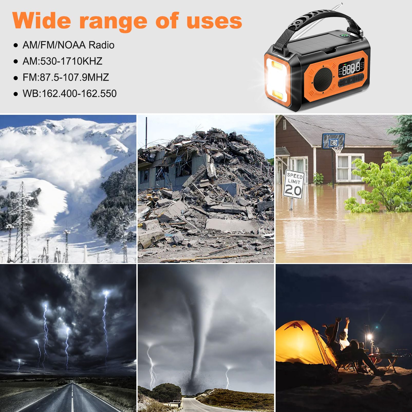 44400mWh/12000mAh Emergency Survival Radio - Solar Hand Crank AM/FM/NOAA Weather Radio with 2 Solar Panels, 3 Charging Methods, SOS Alarm, Flashlight, Phone Charger, Compass & Reading Lamp - Perfect for Camping, Hiking, Power Outages and Emergency Preparedness
