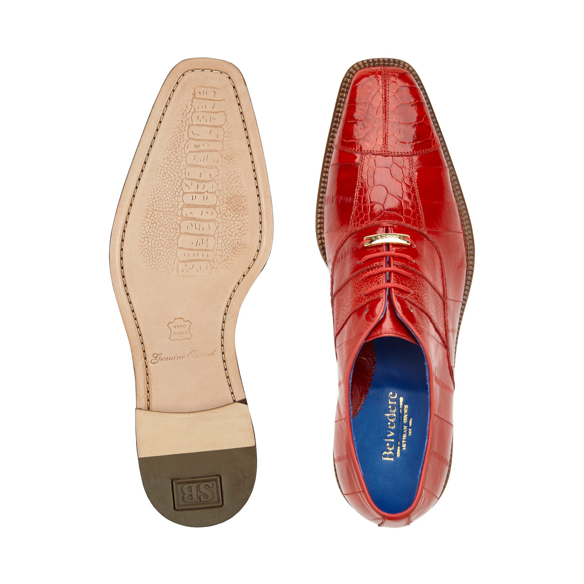 Belvedere Mare Genuine Ostrich & Eel Leather Dress Shoes - Antique Red (2P7) | Premium Formal Footwear for Business & Special Occasions