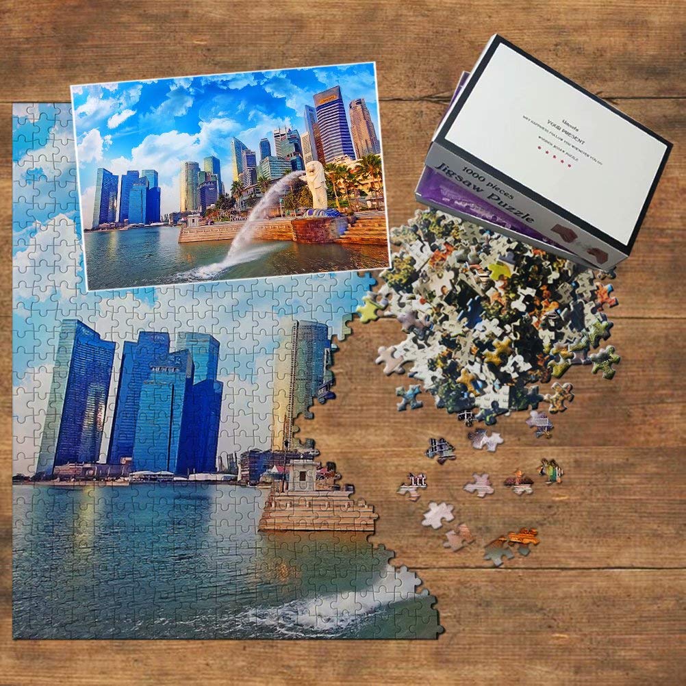 Premium 1000-Piece Wooden Jigsaw Puzzle - Singapore Merlion & Gardens by The Bay Scenic Travel Souvenir | Perfect for Family Game Night, Stress Relief & Home Decor