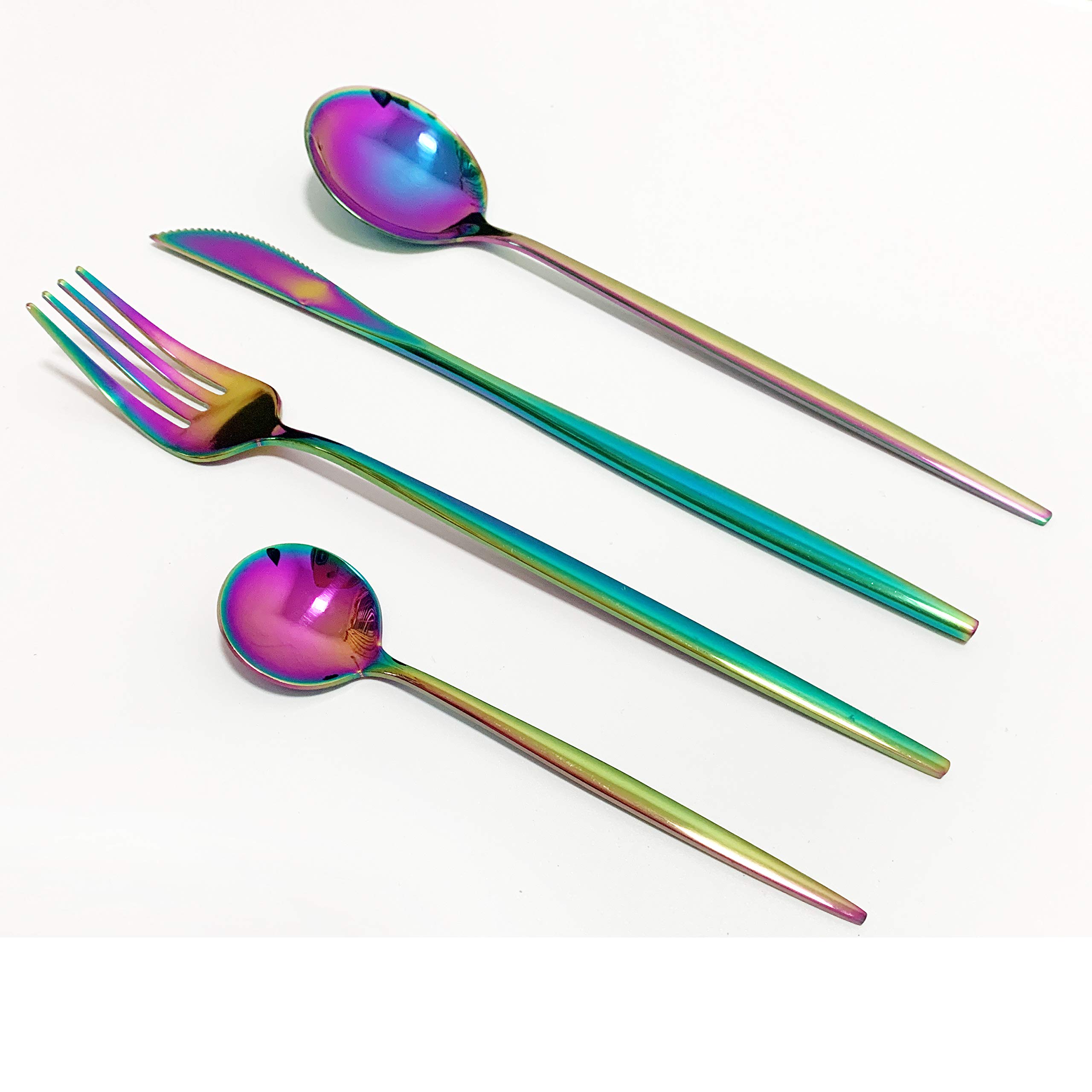 Puzhler 24-Piece 304 Stainless Steel Flatware Set with Gold Wooden Box - Rainbow Silverware Cutlery Set (6 Knives, Forks & Spoons) - Mirror Polish & Smooth Edge for Elegant Dining - Perfect for Weddings, Dinner Parties & Home Decor