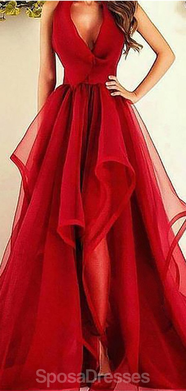 Elegant Halter Red Side Slit Ruffles Long Evening Prom Dress for Women - Formal Party Gown with Flowy Design, Perfect for Prom Night, Homecoming, Cocktail Parties & Special Occasions