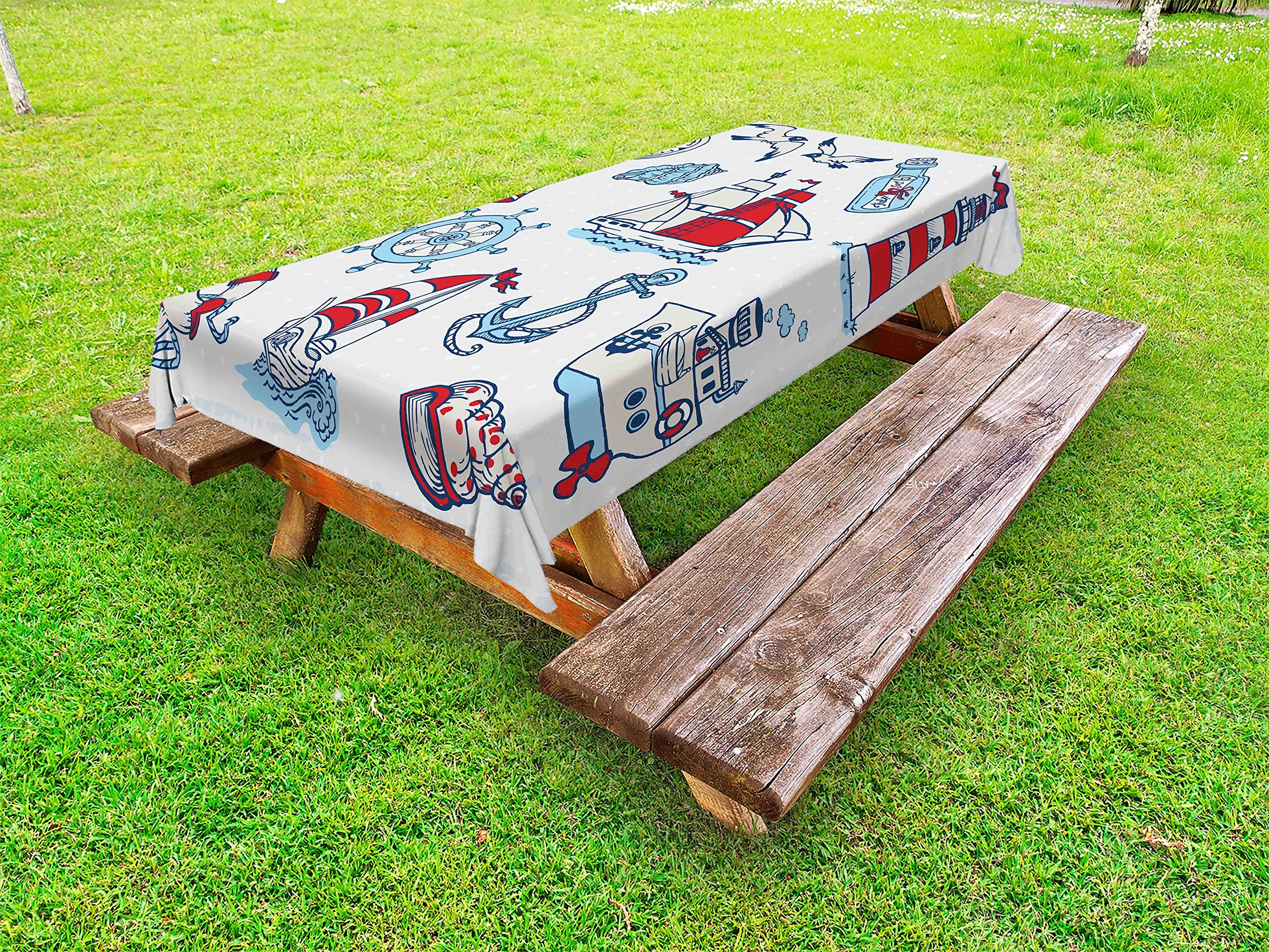 Ambesonne Nautical Outdoor Tablecloth - Waterproof Washable Picnic Table Cover with Sea Creatures, Gulls & Compass Design, 58