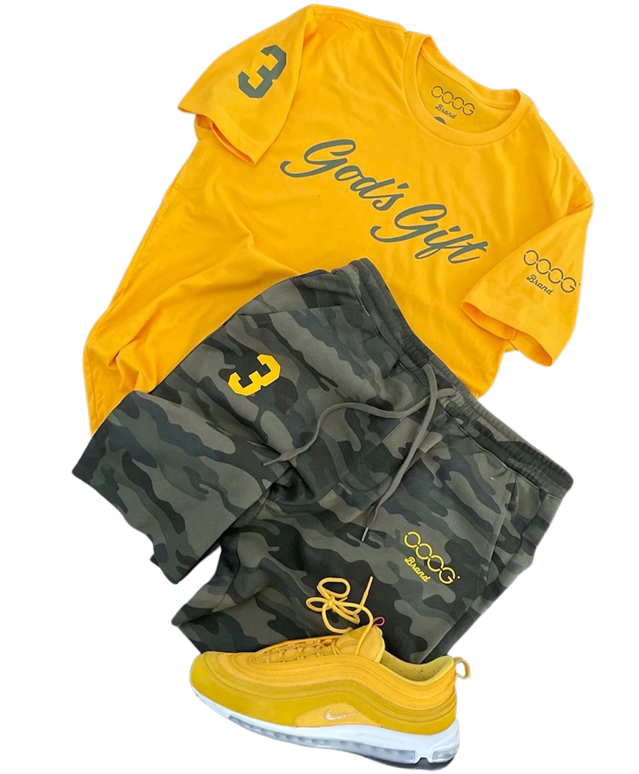 OOOG BRAND God's Gift Gold Camo Short Sleeve T-Shirt & Shorts Set for Men - Summer Streetwear Outfit, Gym Workout Clothes, Casual Lounge Wear