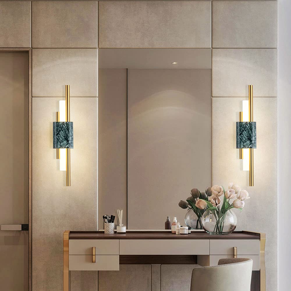 Nordic Style LED Modern Wall Light Fixture with Marble Lampshade - Green/White Wall Lamp for Living Room, Bedroom & Hallway - Decorative Wall Mounted Sconces for Ambient Lighting & Home Decor