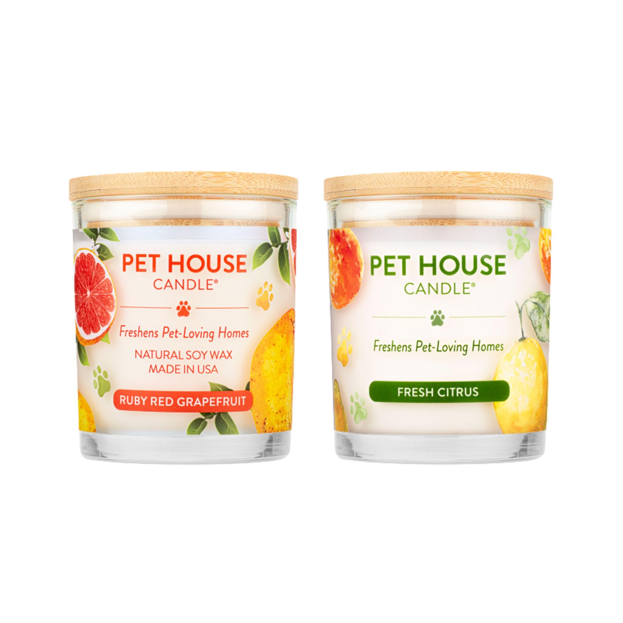 One Fur All Pet House Candle 2 Pack - Soy Wax, Plant-Based, Clean Burning Scented Candles for Home - Ruby Red Grapefruit & Fresh Citrus Fragrance - Long Lasting Pet Odor Eliminator - Perfect for Living Rooms, Bedrooms & Pet Areas