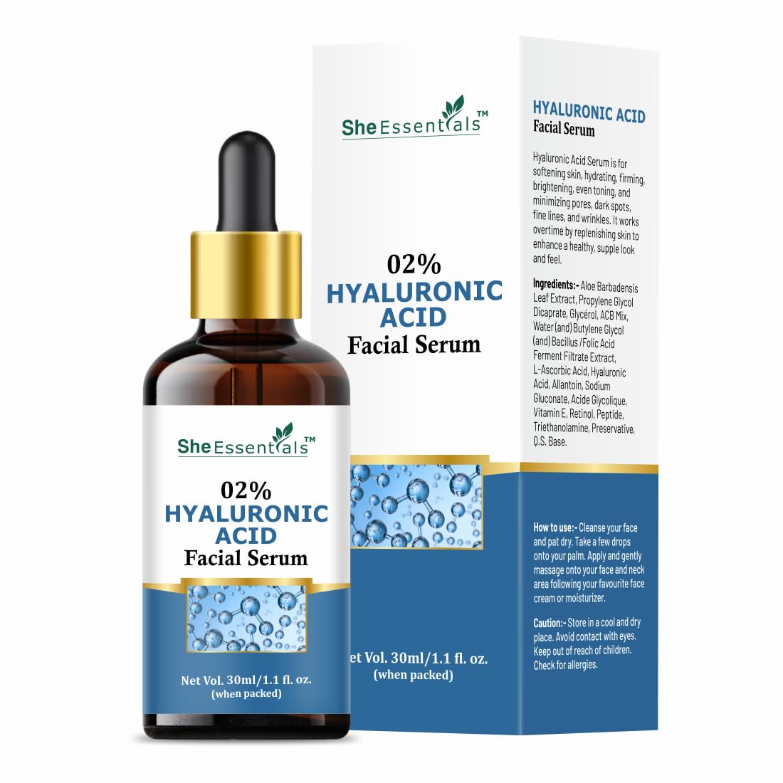 She Essentials Hyaluronic Acid Face Serum for Bright & Glowing Skin | Deep Hydrating & Moisturizing Facial Serum for Normal, Oily, Dry & Combination Skin | Paraben & Sulfate-Free, Vegan, Cruelty-Free | Perfect for Daily Skincare Routine & Nighttime Hydration - 30ml