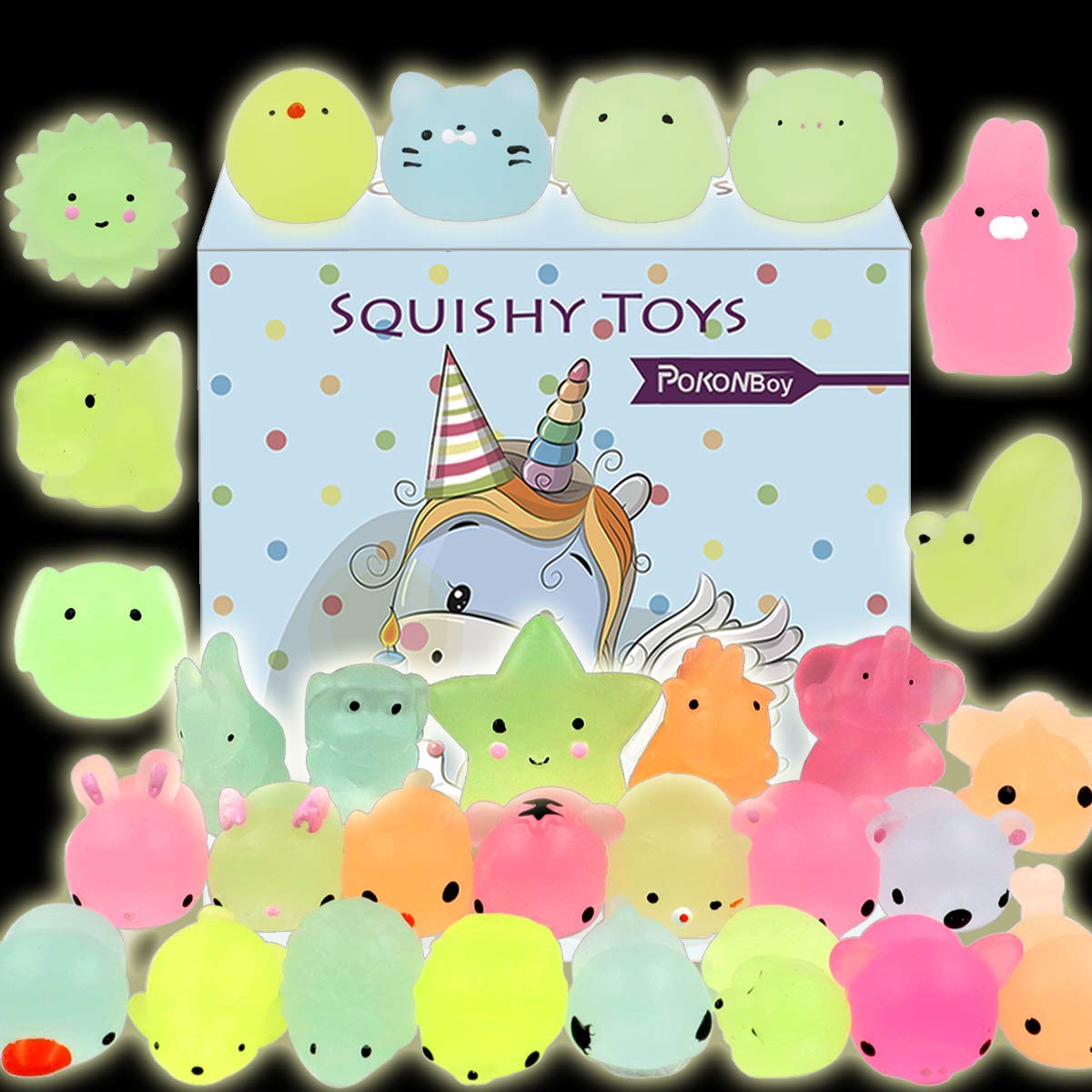 Glow in The Dark Mochi Squishy Toys - 30 Pack Mini Kawaii Cute Animal Stress Relief Squishies for Kids Party Favors, Birthday Gifts & Classroom Rewards - Includes Cat Squishy & Gift Box