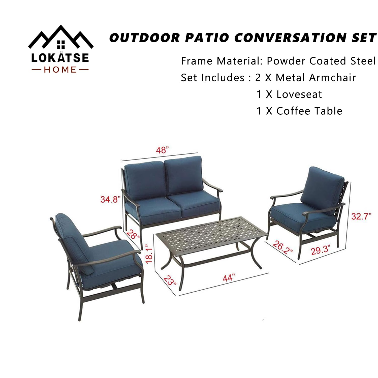 LOKATSE HOME 4-Piece Outdoor Loveseat Set with Cushions & Coffee Table - Patio Conversation Furniture, Metal Armchair in Blue - Perfect for Backyard, Garden, and Poolside Relaxation