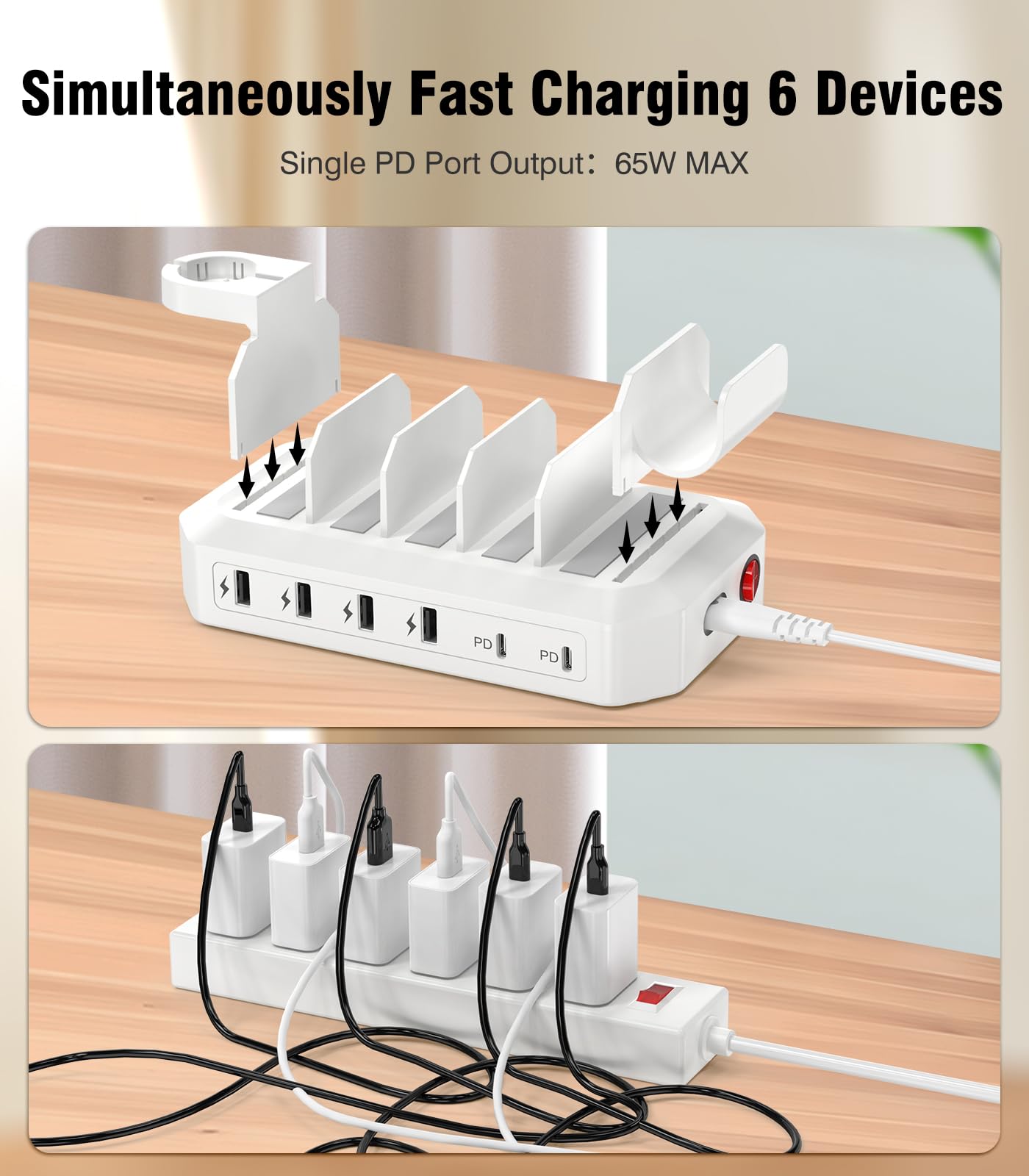 95W 6-in-1 Fast Charging Station with 2 PD Ports & 8 Cables - UL FCC Certified Multi-Device Charger for MacBook, iPhone, Android, iPad, Tablet, Kindle - Perfect for Home, Office, Travel & Nightstand Charging