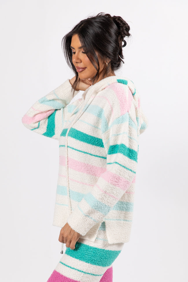 Heart On The Line Multi-Striped Fuzzy Hoodie for Women - Cozy Winter Pullover Sweatshirt | Perfect for Casual Outfits, Lounge Wear & Cold Weather Fashion