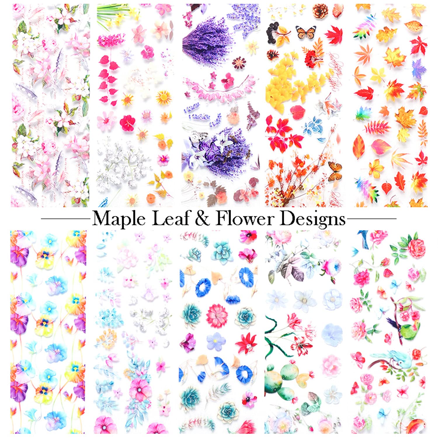 10 Sheets Foil Nail Art Stickers - Maple Leaf & Flower Nail Foils Transfer Stickers for Women, Girls | DIY Manicure Design Kit with Butterfly & Floral Decals | Perfect for Parties, Weddings & Nail Salon Use