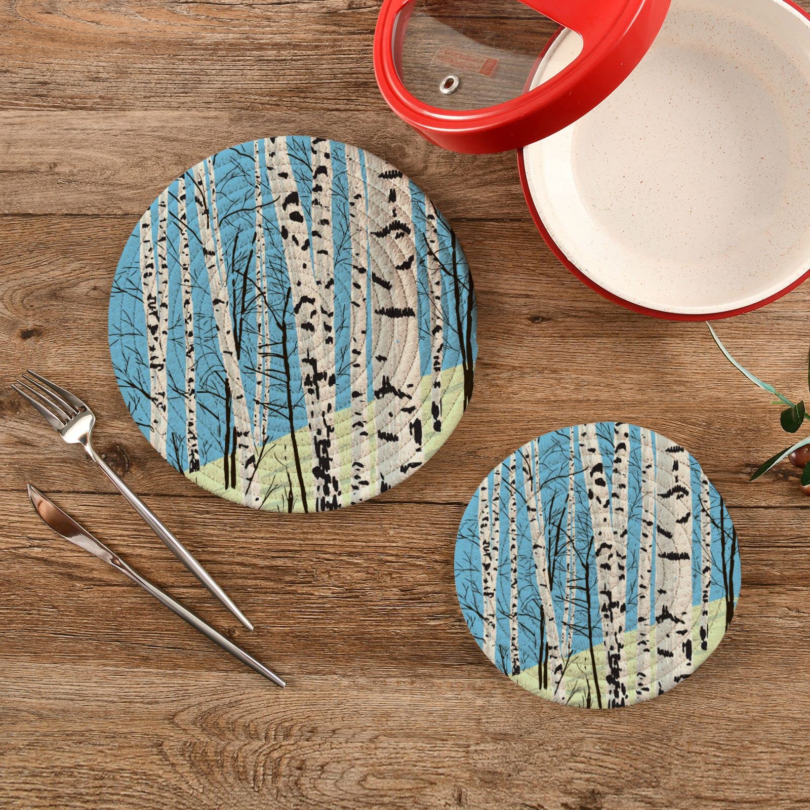 Birch Grove Spring Cotton Pot Holders Set of 2 - Heat Resistant Woven Coasters & Kitchen Hot Pads for Cooking, Baking & Serving - Perfect for Stovetop, Oven & Table Protection
