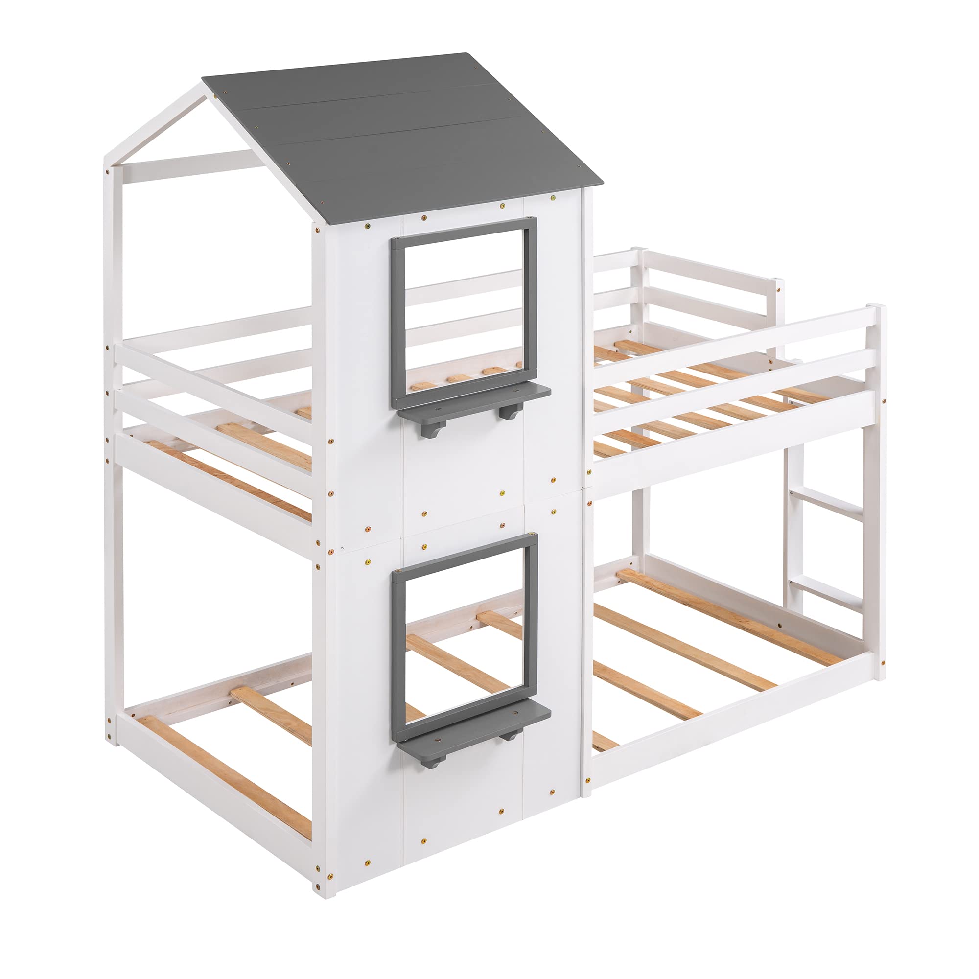 Kids Twin Over Twin Wooden Bunk Bed with Roof, Window & Guardrail - Sturdy Floor Bunk Bed Frame with Ladder, No Box Spring Needed (White & Gray) - Perfect for Small Bedrooms, Shared Kids Rooms & Space-Saving Sleep Solutions