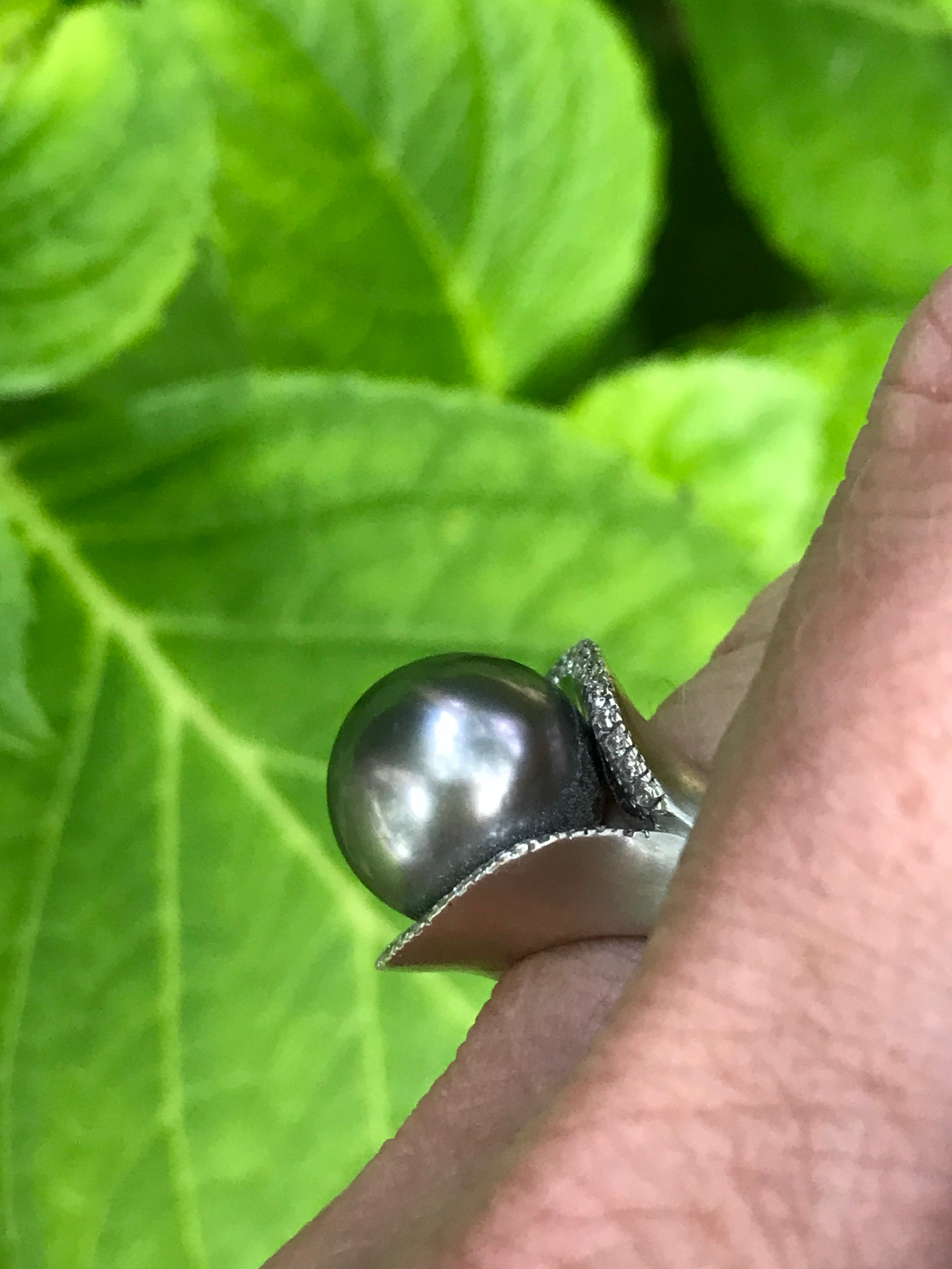18K White Gold Tahitian Pearl & Diamond Elliptical Ring for Women - Elegant Wedding, Engagement, Anniversary Gift for Her