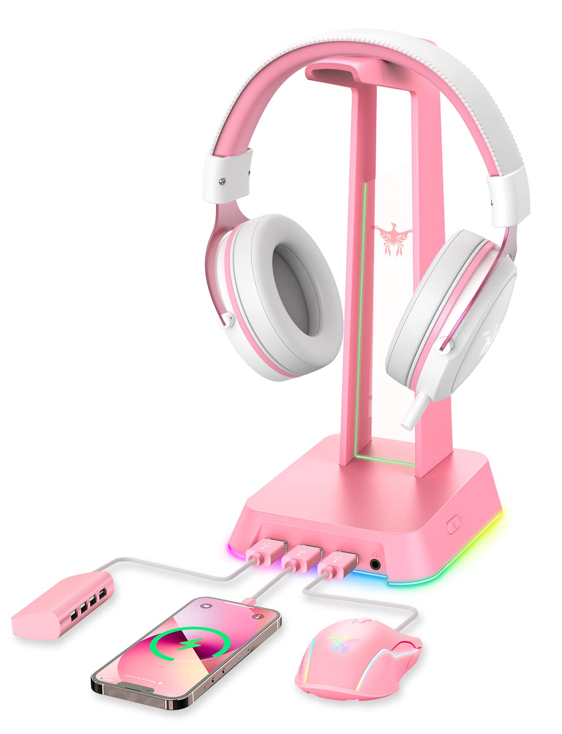 PHNIXGAM RGB Gaming Headphone Stand with 3.5mm AUX & 3-Port USB 2.0 Hub - Universal Headset Holder for PC, PS5, Xbox - Perfect for Gamers & Streamers (Pink) - Organize Your Gaming Setup & Charge Devices