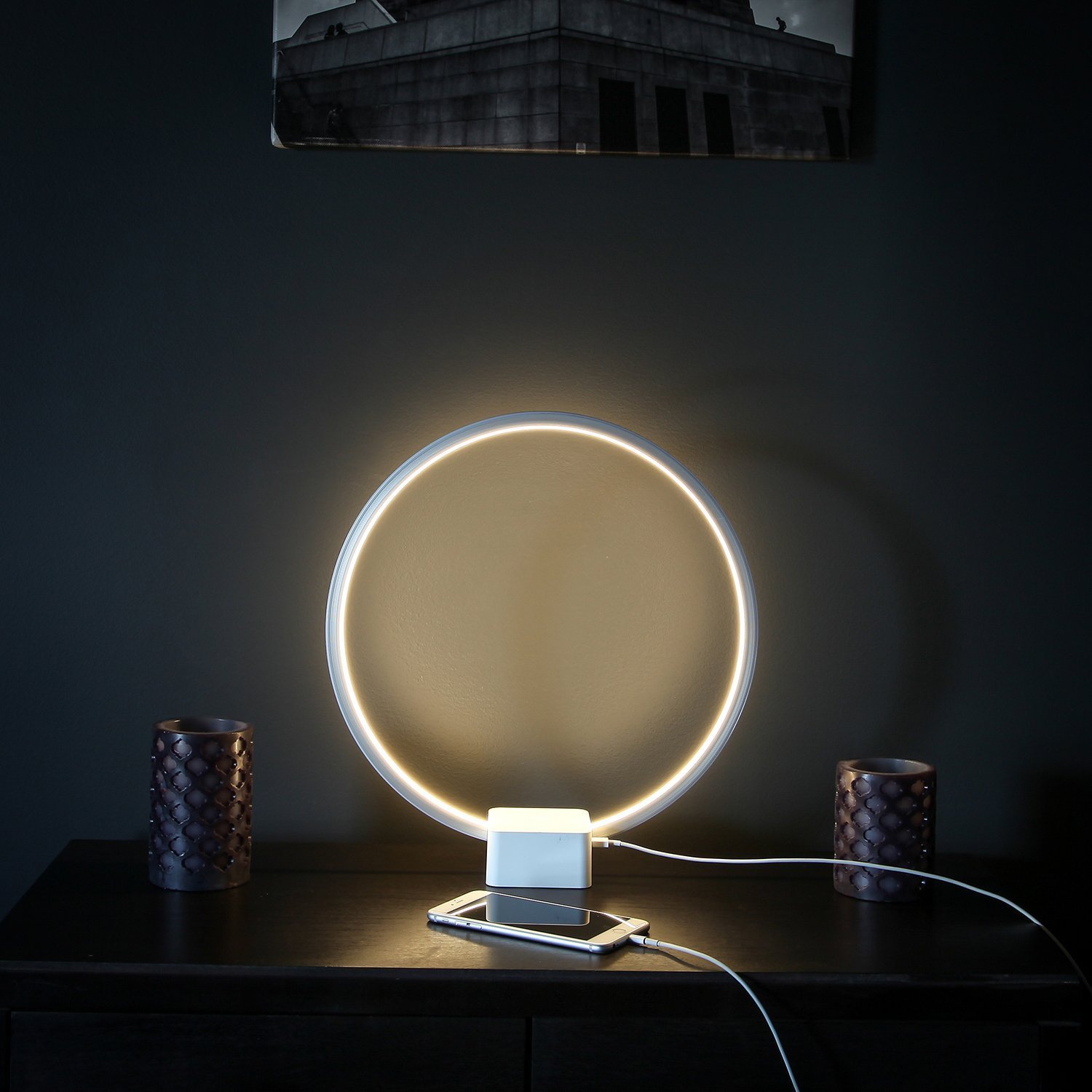 Brightech Circle LED Nightstand Lamp with USB Port - Compact Modern Bedside Lamp for Bedroom, Living Room & Office - Adjustable Desk Lamp for Nightstand, Side Table & Workspace - White - Perfect for Reading, Working & Ambient Lighting