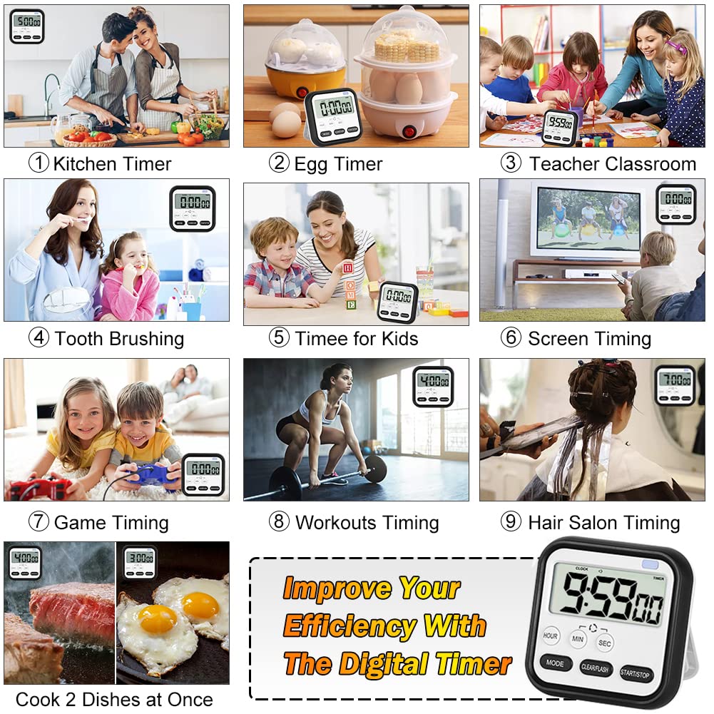 24-Hour Digital Kitchen Timer with Large LCD Screen - Magnetic Count Up/Down Stopwatch, Loud Alarm for Cooking, Bathroom, Shower, Kids & Teachers | Perfect for Baking, Classroom, Workouts & Time Management
