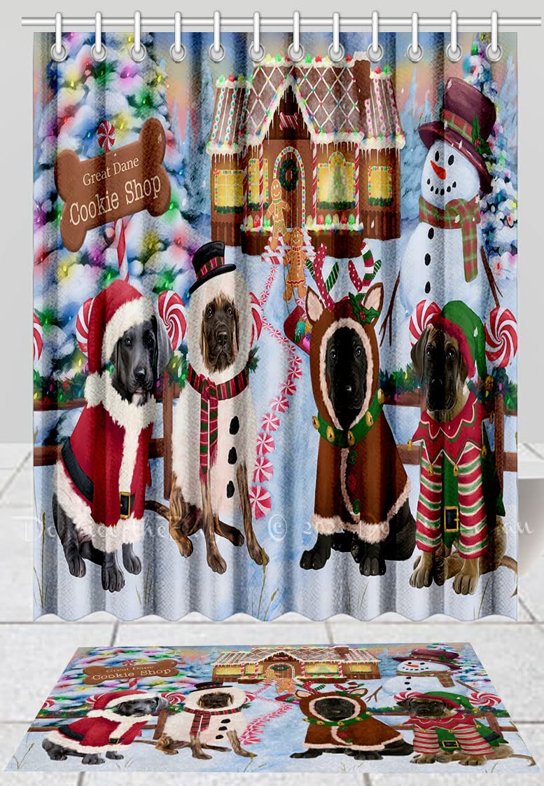 Gingerbread Cookie Shop Great Dane Dogs Shower Curtain & Bath Mat Set - Anti-Slip Bathroom Decor, Plush Rug, Polyester Bathtub Curtain with Hooks (Mat 20''x32'', Curtain 69