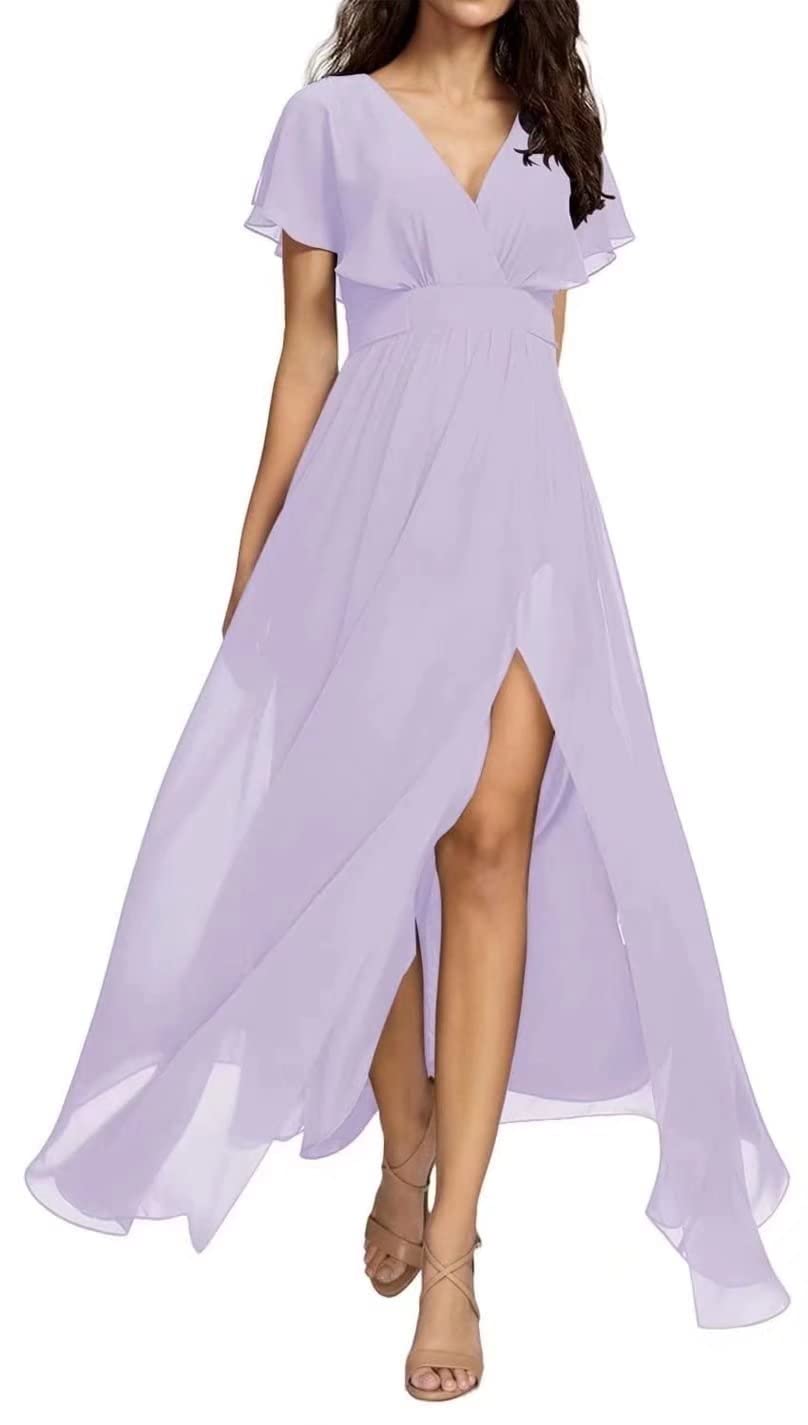 Yadressy Chiffon Maxi Bridesmaid Dress with Slit & Ruffle Sleeves - A-Line Formal Evening Gown for Women | Perfect for Weddings, Parties & Special Occasions