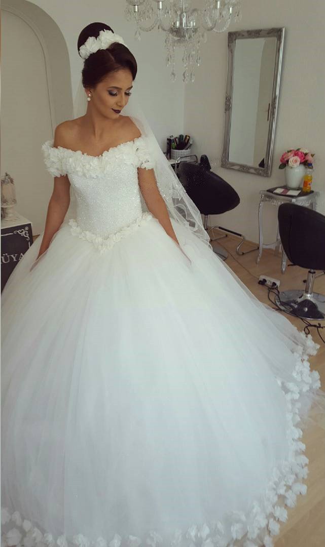 Sparkling Sequins Beaded Corset Tulle Ball Gown - Off Shoulder Wedding Dress with Floral Details for Brides, Prom, Quinceañera & Special Occasions