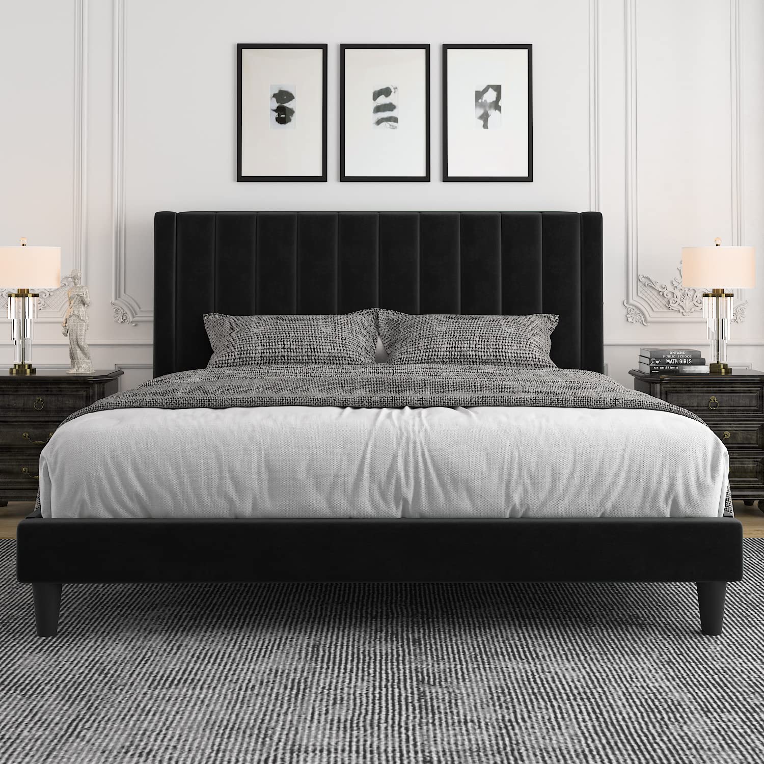 Allewie King Size Velvet Upholstered Platform Bed Frame with Channel Tufted Headboard - Sturdy Wood Slat Support - No Box Spring Needed - Easy Assembly - Black - Perfect for Modern Bedrooms & Master Suites