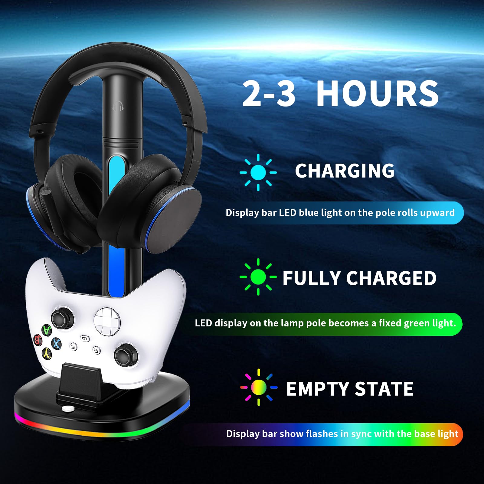 Xbox Headphone Stand with Controller Charger - RGB Gaming Controller Charging Station & Headset Holder for Xbox Series X/S, Xbox One X/S - Includes 5180mWh Rechargeable Battery Pack - Perfect for Gaming Setup & Organized Gaming Accessories Storage