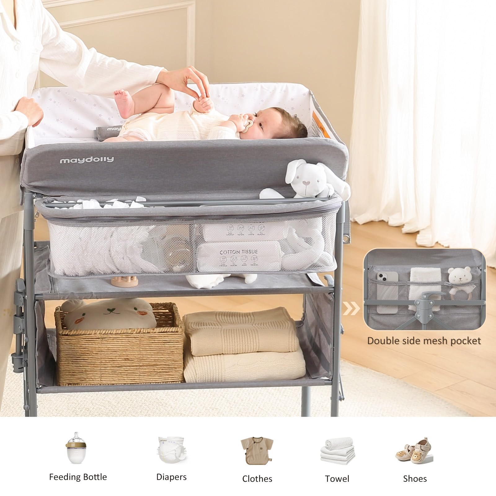 Maydolly Portable Baby Changing Table with Wheels - Adjustable Height, Waterproof, 2 Drawers - Folding Nursery Changing Station for Newborns & Infants (Grey) | Perfect for Home, Daycare & Travel Use