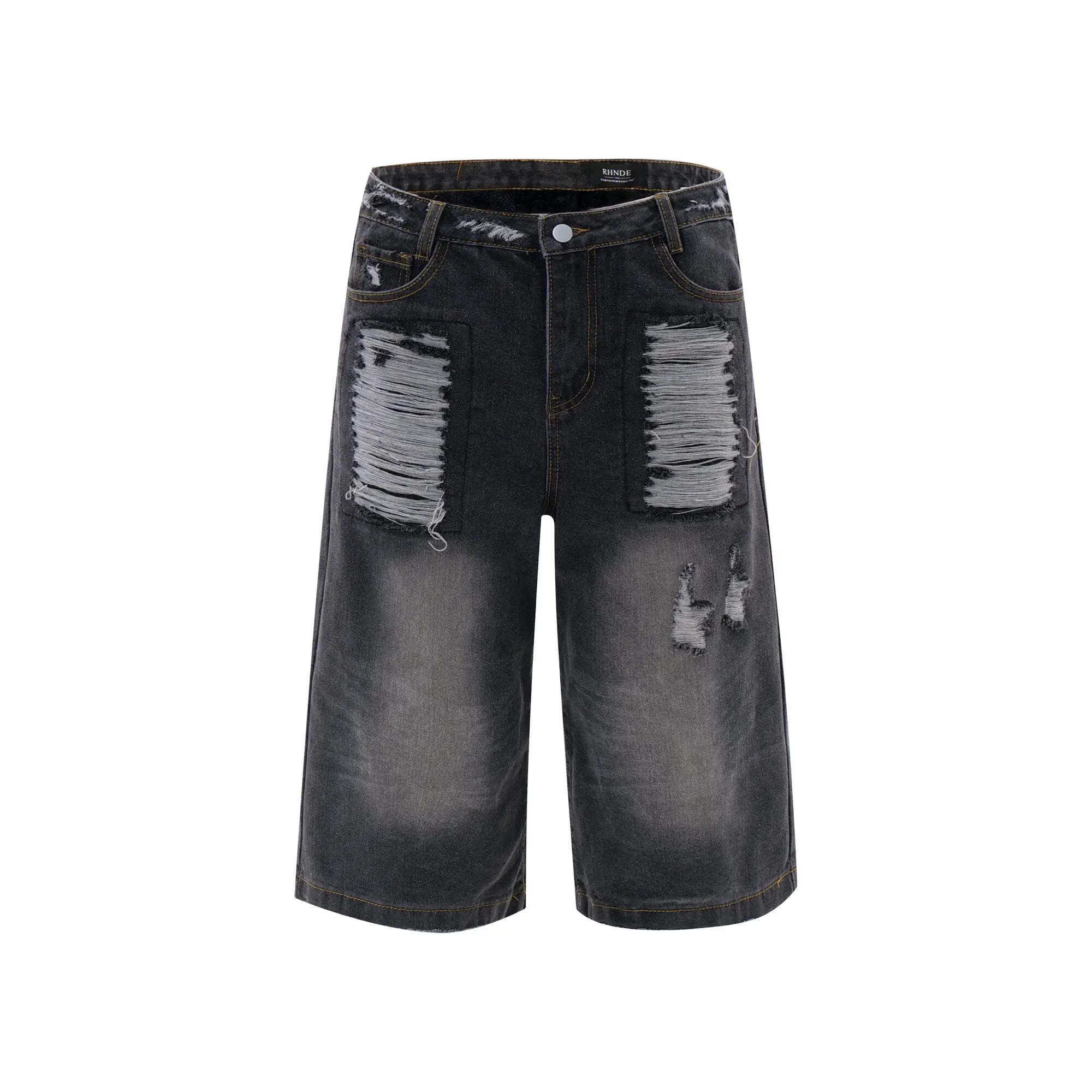 American Style Summer Loose Washed Distressed Men's Straight Leg Denim Shorts - Gradient Color Casual Pants for Outdoor Activities & Beach Wear | 24E1082