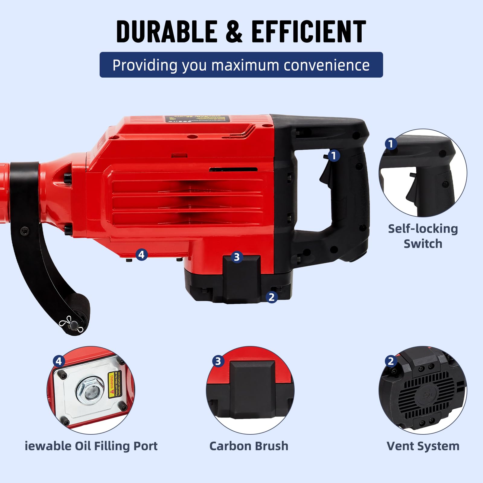 GARVEE 1700W Heavy Duty Demolition Jack Hammer - 1700 BPM Electric Demolition Tool with 3 Chisel Bits, Carrying Case & Safety Gloves - Perfect for Concrete Breaking, Trenching, and Construction Demolition Work