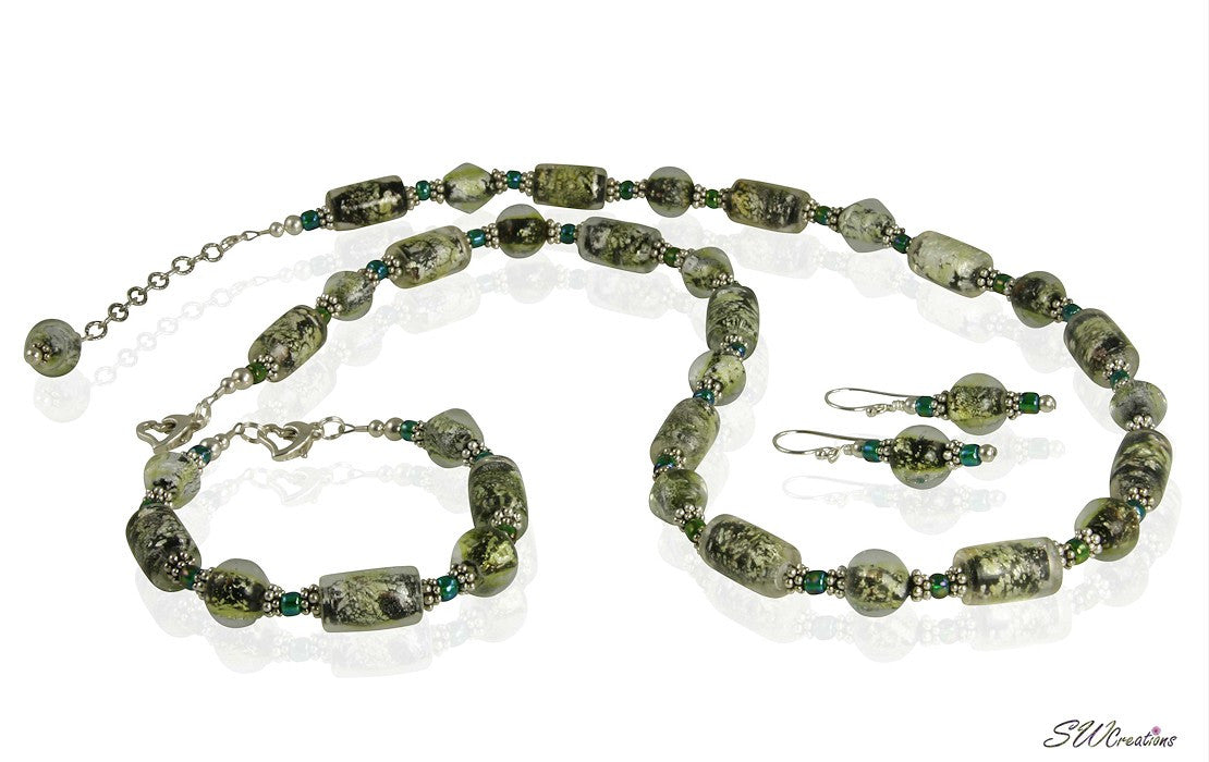 Emerald Peridot Shimmer Beaded Jewelry Set - Elegant Necklace & Earrings for Women | Perfect for Weddings, Parties & Special Occasions