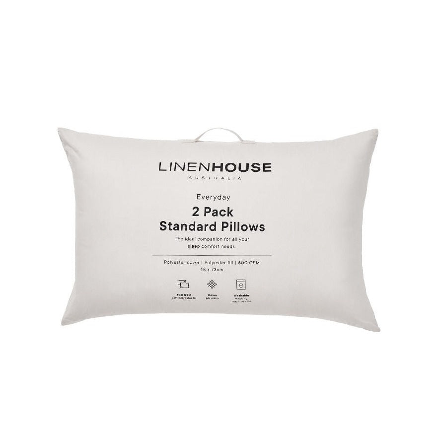 Linen House 600gsm Washable Standard Pillow Set of 2 - Ultra Soft Bed Pillows for Side, Back & Stomach Sleepers - Perfect for Home, Hotel & Guest Room Use