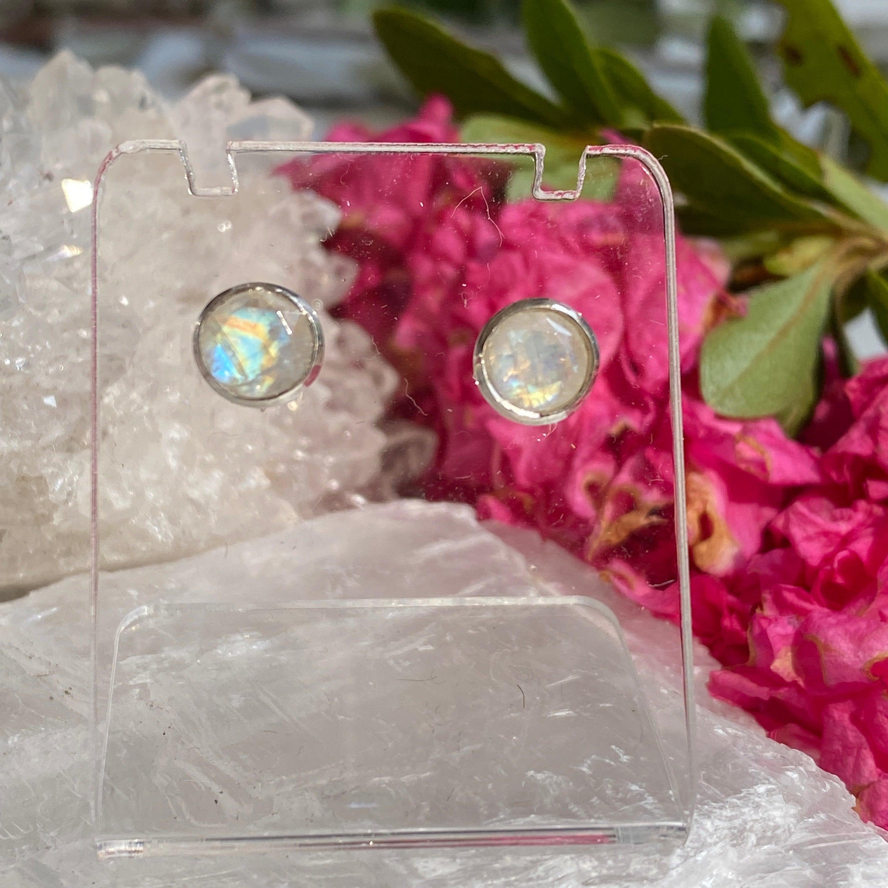 Moonstone Round Faceted Stud Earrings - Dainty Silver Jewelry for Women - Perfect for Everyday Wear, Parties & Gifts