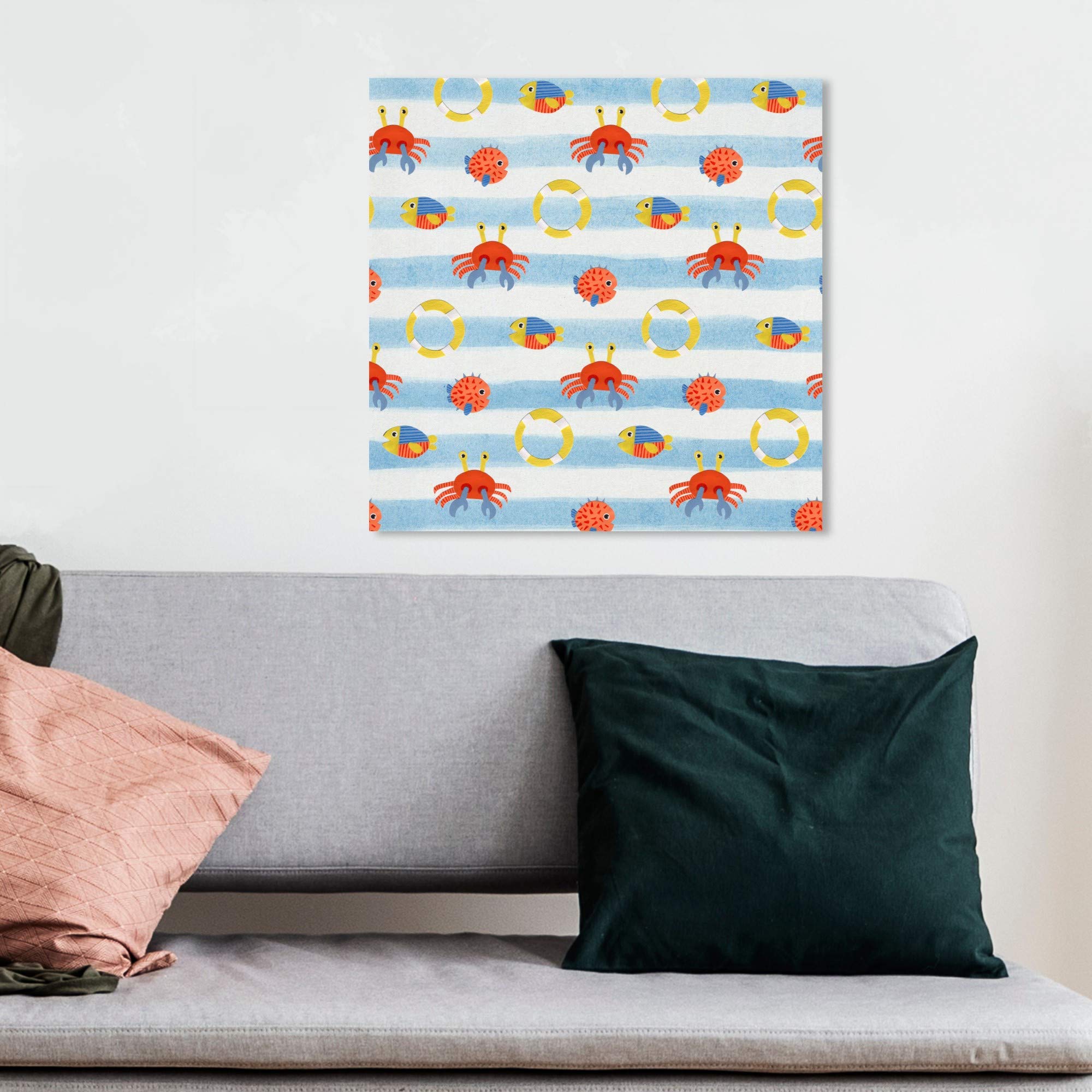 Wynwood Studio Nautical Coastal Wall Art Canvas Print - Fish Crab Lifesaver Pattern Home Decor 12x12 Inches in Blue & Orange | Perfect for Beach House, Bathroom & Coastal Living Room Decor