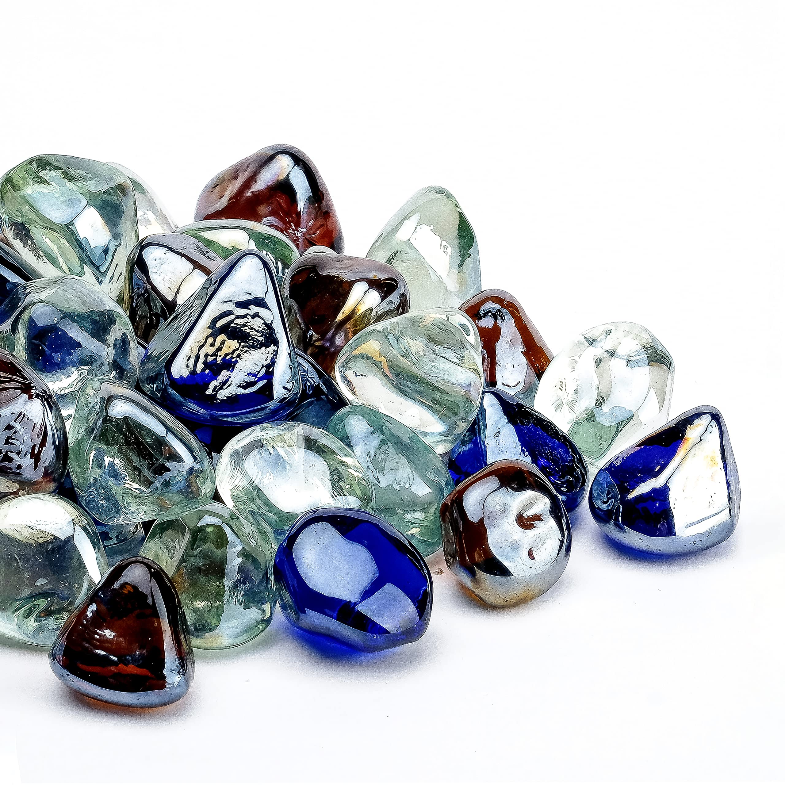 Premium 1 Inch Fire Glass Diamond Rocks for Gas & Propane Fire Pits - 10lb White/Cobalt Blue/Amber Luster Blend (Gift Ready) - Perfect for Outdoor Patio, Backyard Decor & Fireplace Enhancement